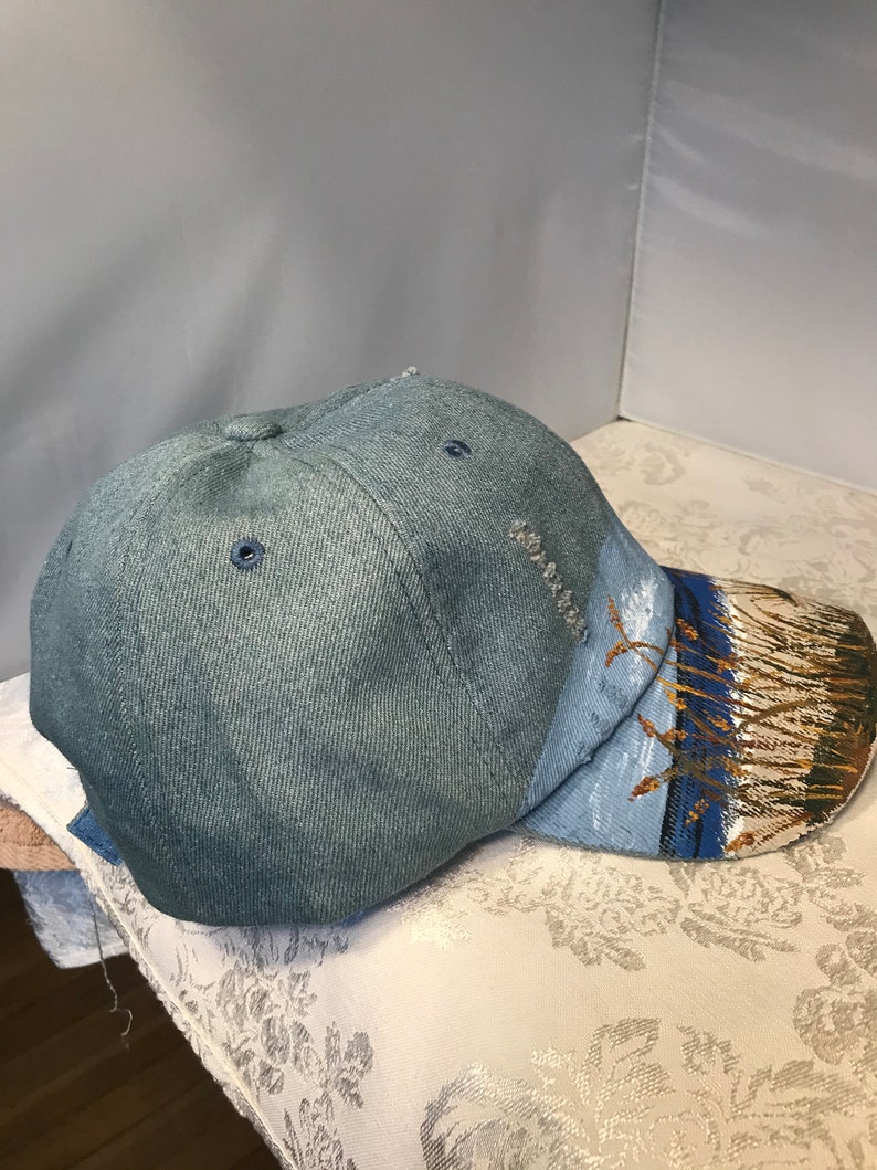 Beachwear Visor. Hand Painted Denim Baseball Cap with Lighthouse and Beach Scene Summer Beach Cap Painted Denim Lighthouse Base ball Cap