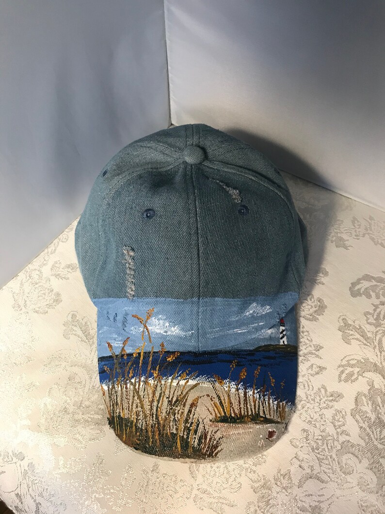 Beachwear Visor. Hand Painted Denim Baseball Cap with Lighthouse and Beach Scene Summer Beach Cap Painted Denim Lighthouse Base ball Cap