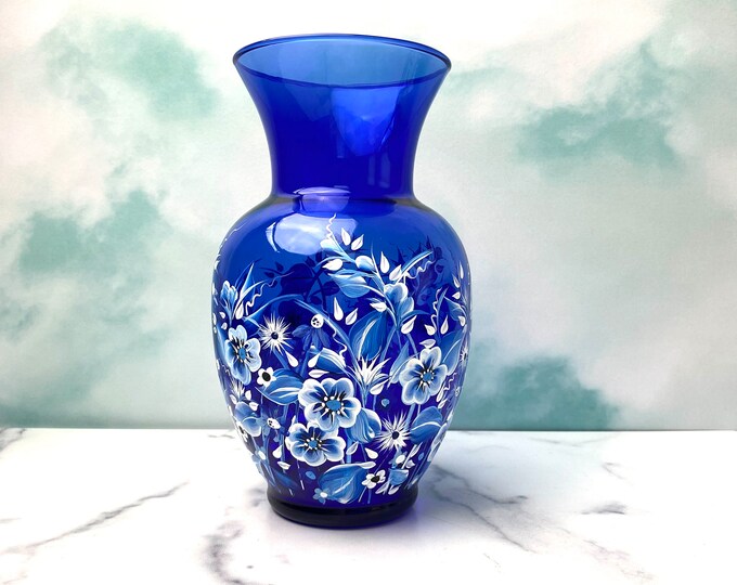 Vase. Hand Painted Blue Vase. White/blue Floral Vase. Anniversary ...