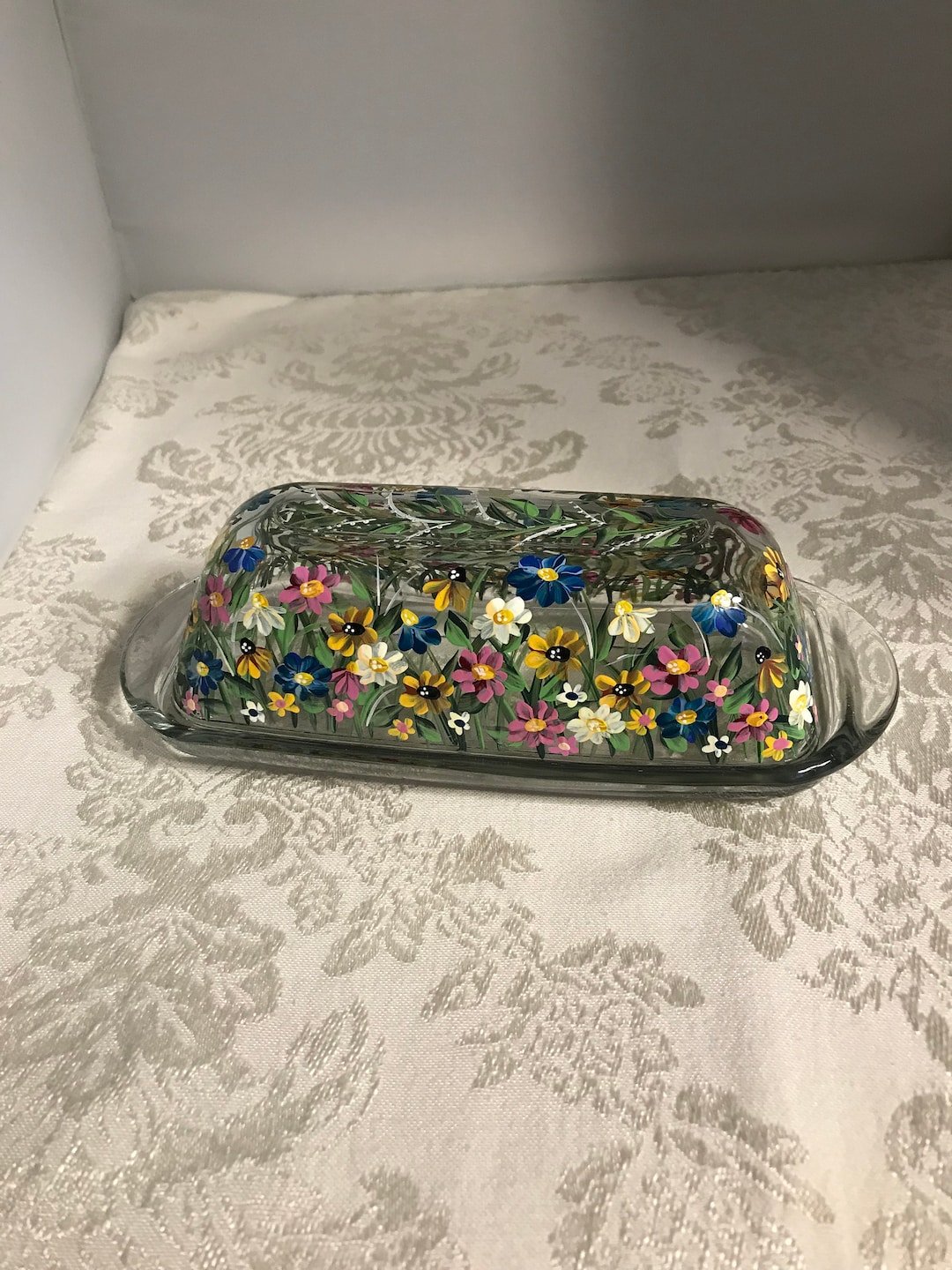 Butter Dish. Glass Butter Holder. Painted Glass Butter Dish. Handmade
