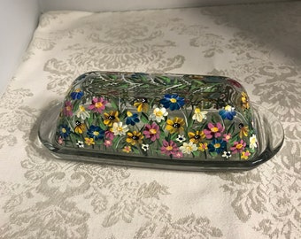 Butter Dish. Glass Butter Holder. Painted Glass Butter Dish. HANDMADE/Wildflower Garden Butter Dish. Butter Dish w/ Lid. Unique Butter Dish