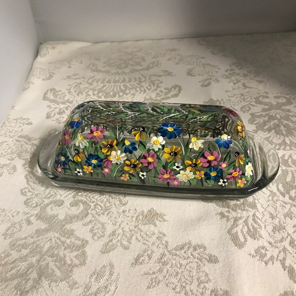 Butter Dish. Glass Butter Holder. Painted Glass Butter Dish. HANDMADE/Wildflower Garden Butter Dish. Butter Dish w/ Lid. Unique Butter Dish