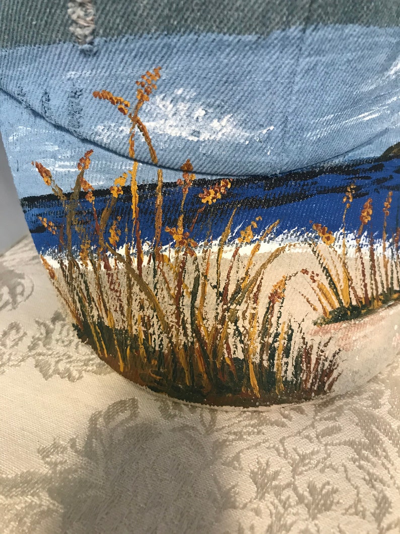 Beachwear Visor. Hand Painted Denim Baseball Cap with Lighthouse and Beach Scene Summer Beach Cap Painted Denim Lighthouse Base ball Cap