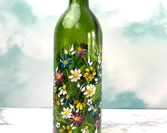 Hand Painted Wildflower Oil Bottle: Kitchen Decor, Functional Art, Country Cottage Decor