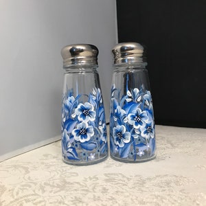 Blue and White Salt and Pepper Shakers. Hand Painted Shakers. Painted Blue Floral Shakers.  Housewarming , Hostess and Birthday Gifts.