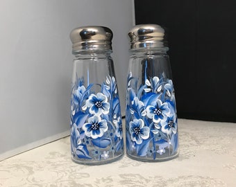 Blue and White Salt and Pepper Shakers. Hand Painted Shakers. Painted Blue Floral Shakers.  Housewarming , Hostess and Birthday Gifts.
