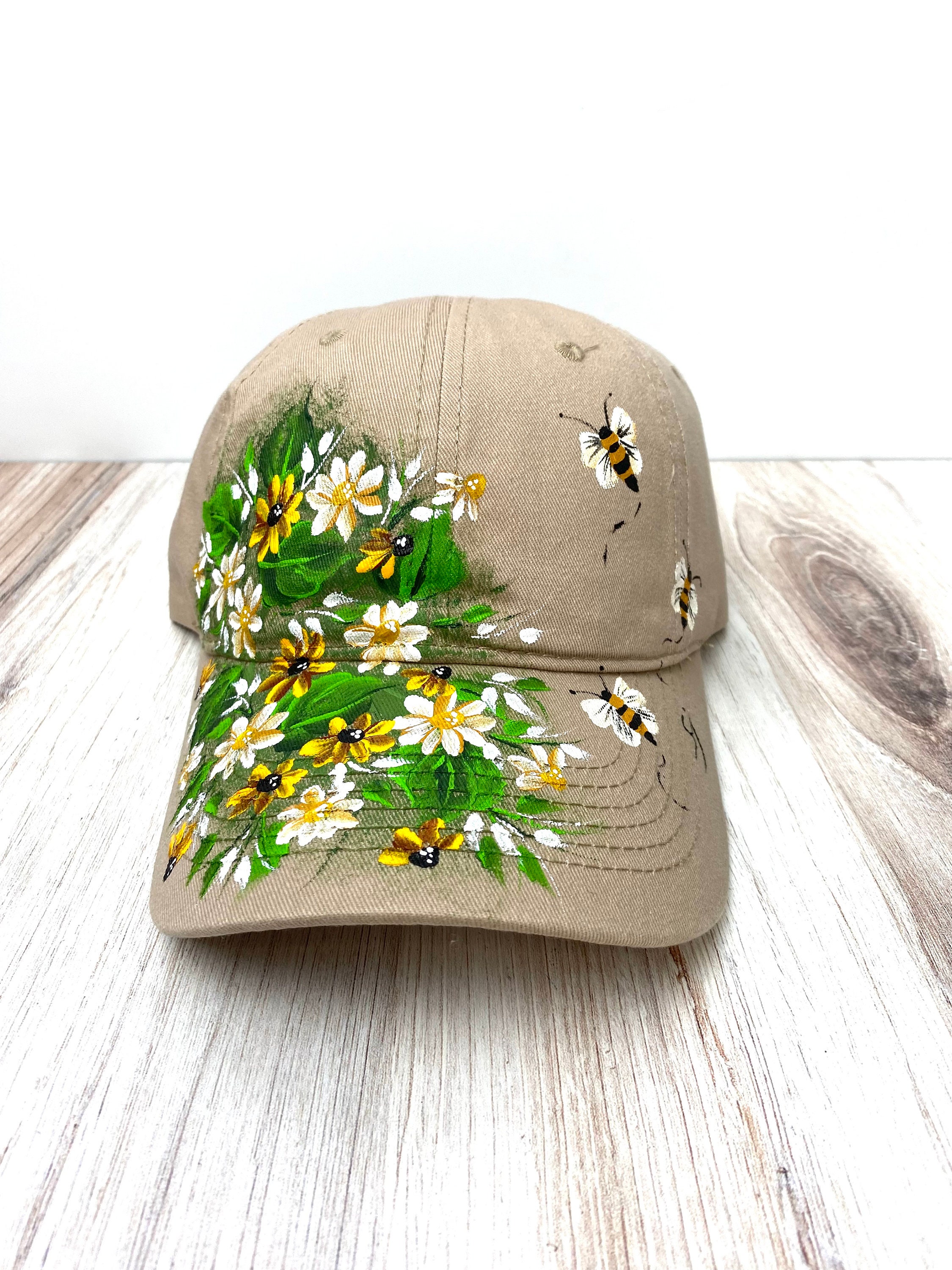 Cap. Hand Painted Baseball Cap. Spring Sun Visor. Daisy and  display picture 3