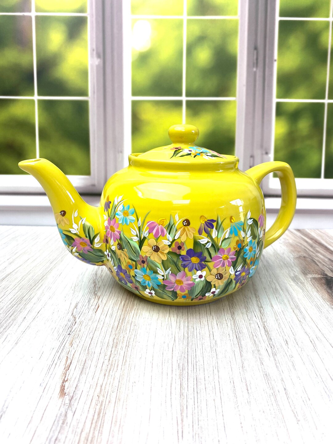 Teapot. Yellow Tea Server. Hand Painted. Wildflower Teapot. Spring Color Teapot. Pastel Floral