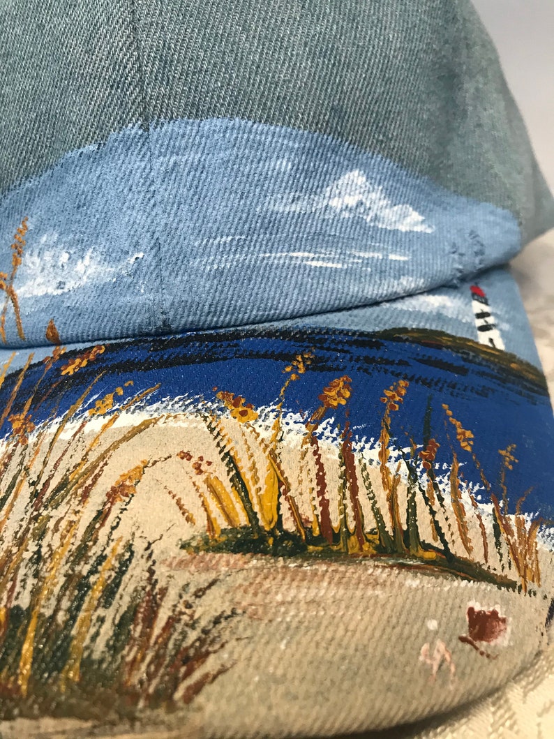 Beachwear Visor. Hand Painted Denim Baseball Cap with Lighthouse and Beach Scene Summer Beach Cap Painted Denim Lighthouse Base ball Cap