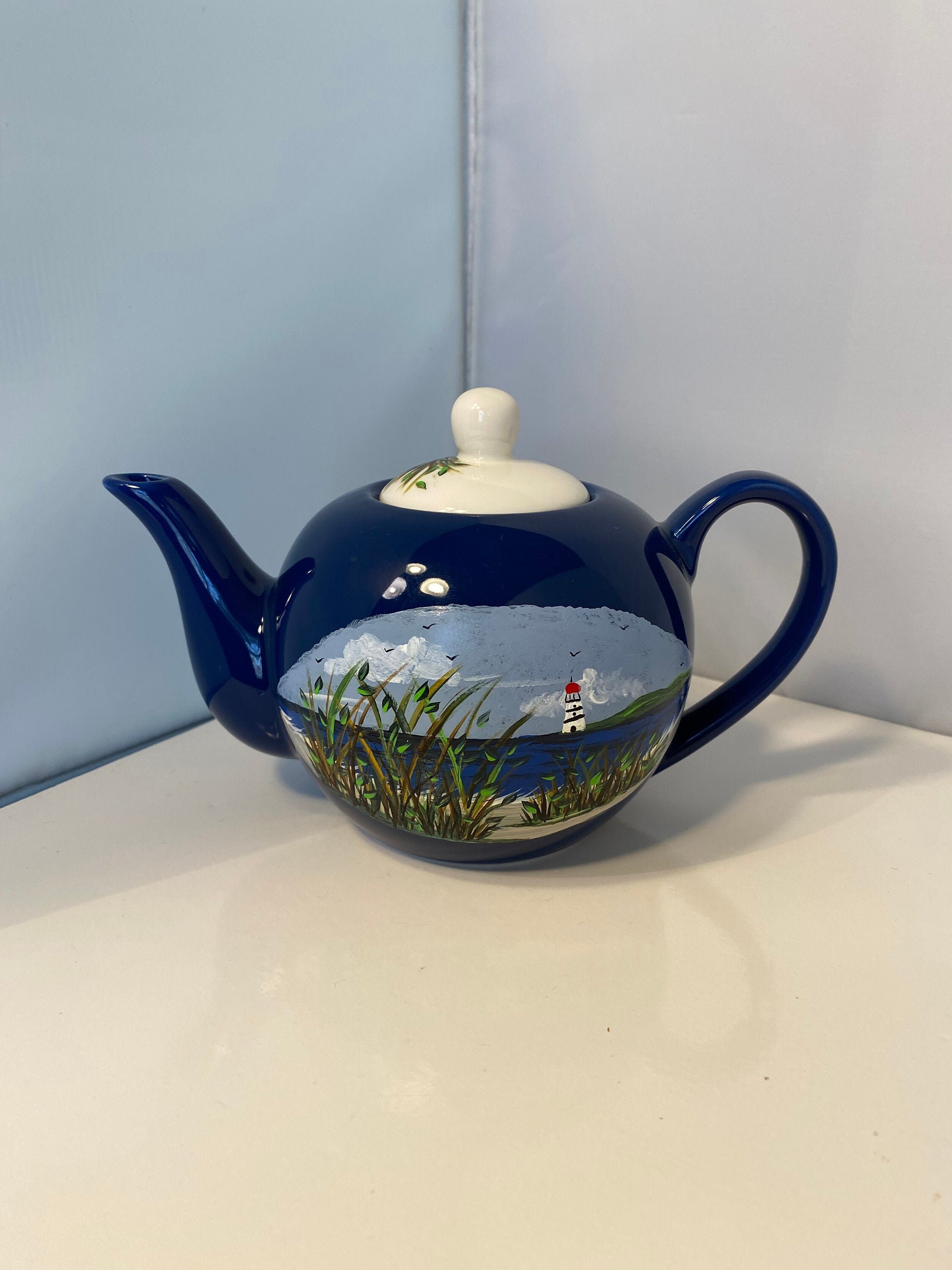 Navy Blue Teapot. 2 Cup Teapot with Lighthouse. Painted Etsy