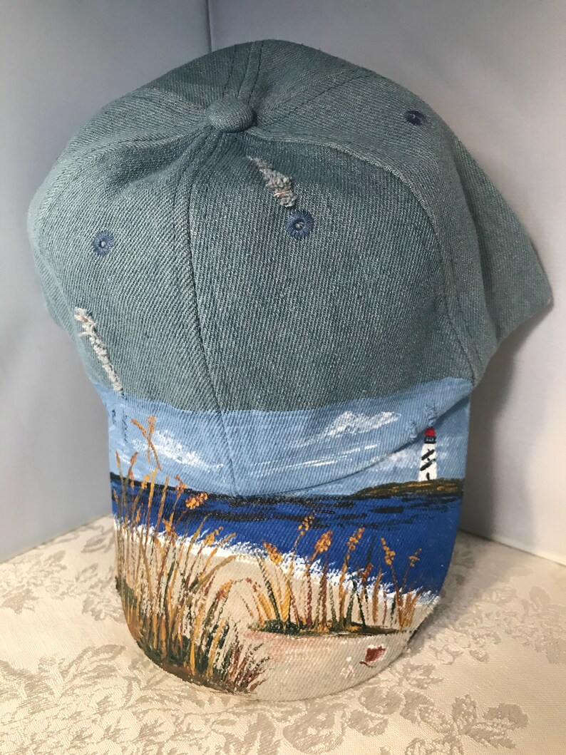 Beachwear Visor. Hand Painted Denim Baseball Cap with Lighthouse and Beach Scene Summer Beach Cap Painted Denim Lighthouse Base ball Cap