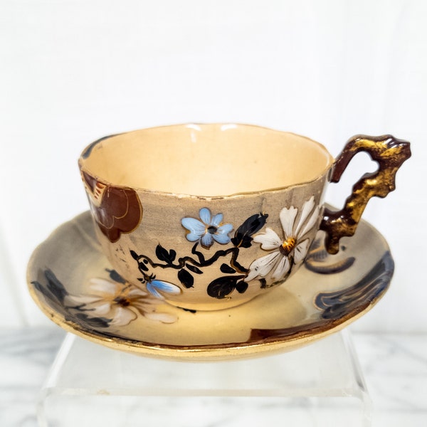 St. Clement Fayence Tasse Untertasse Emile Galle Handbemalte Insekten und Blumen