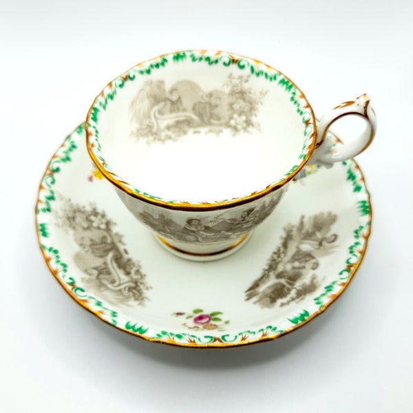 Taza de té y platillo grisalla con estampado de murciélago con patas georgianas Staffordshire c 1830