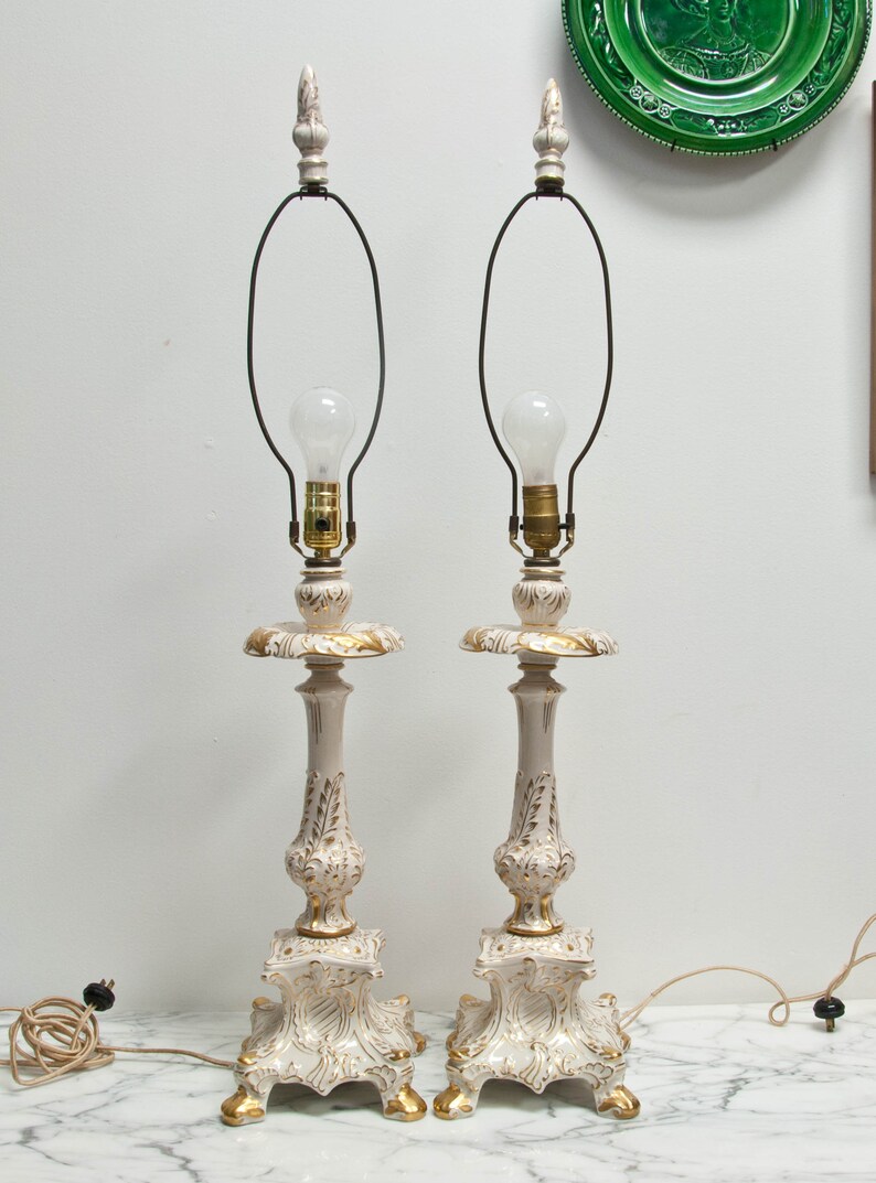 Pair French Porcelain Candlestick Lamps W Matching Finials Etsy