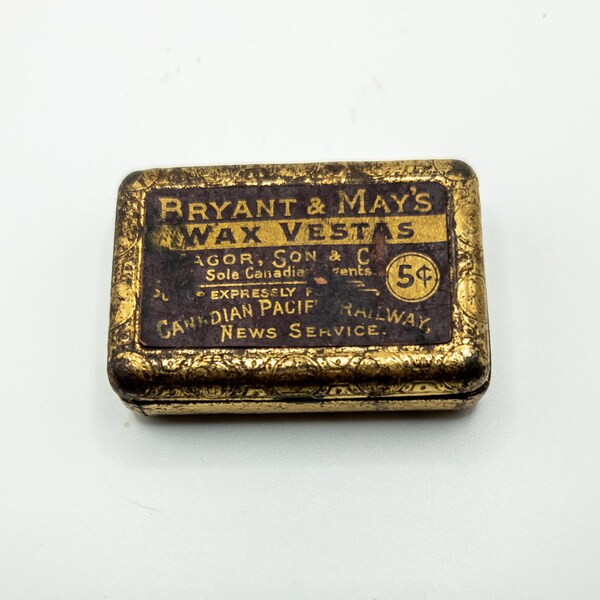 Bryant & Mays Wax Vestas Canadian Pacific Tin Match Holder Box W Striker