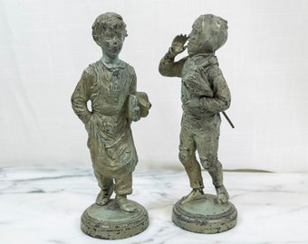 Pair of Antique Bronzed Statues of Cobbler Boy and Chimney Sweep - Spelter Charles Dickens