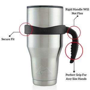 May include: A stainless steel tumbler with a black silicone handle and lid. The handle is designed to be rigid and not flex. The handle has a textured grip for a secure hold.