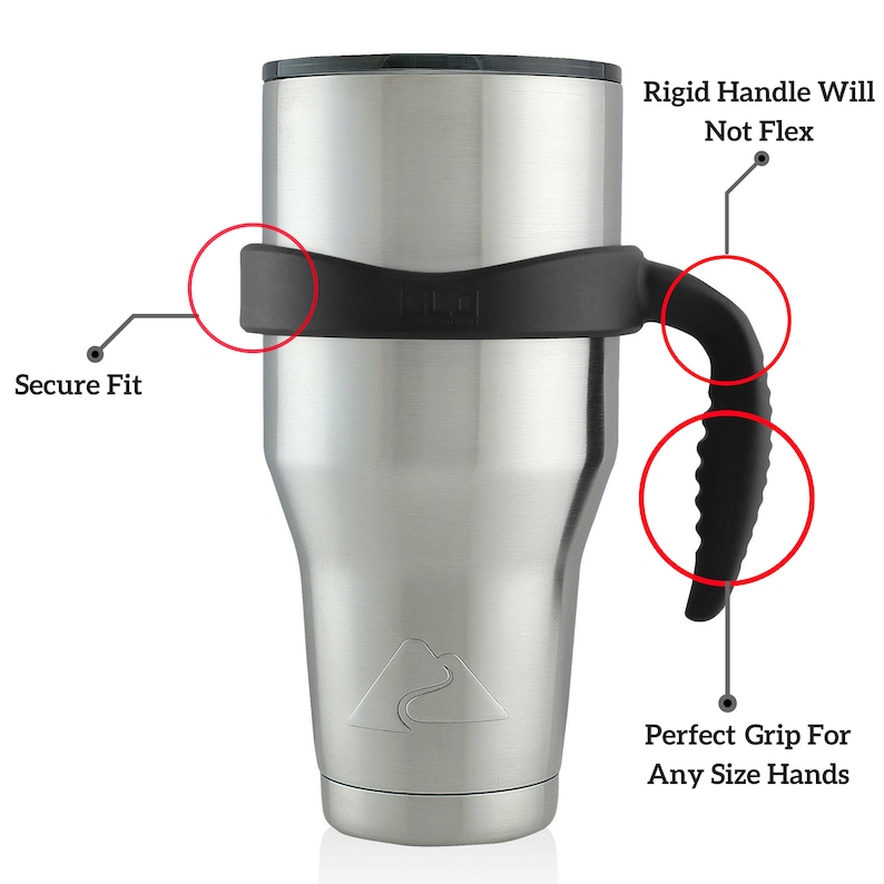 May include: A stainless steel tumbler with a black silicone handle and lid. The handle is designed to be rigid and not flex. The handle has a textured grip for a secure hold.