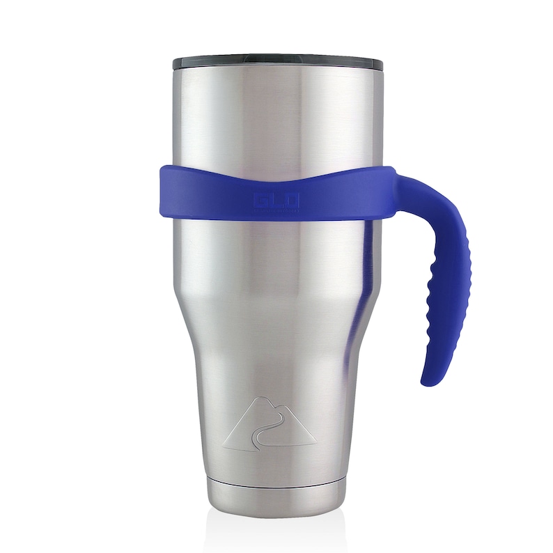 May include: A stainless steel travel mug with a blue silicone handle and lid. The mug has a mountain range design on the side.