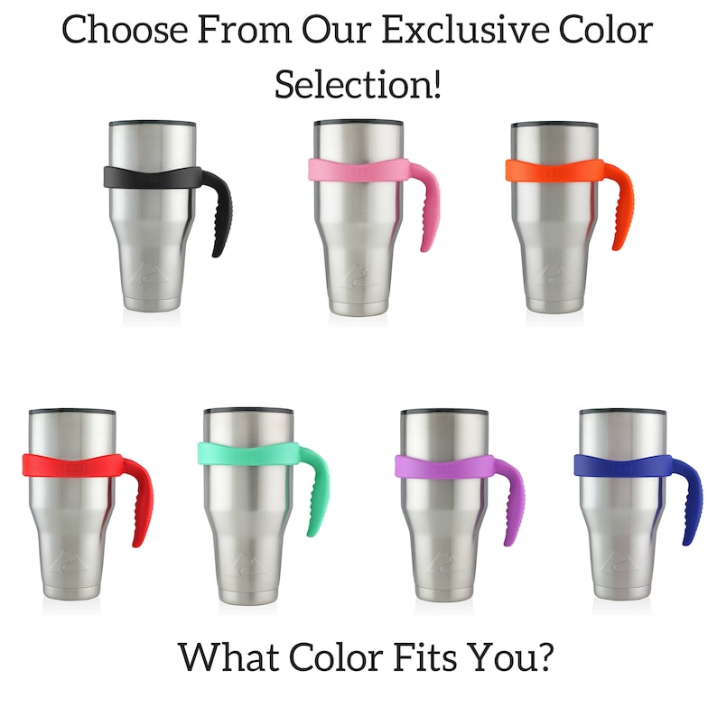 May include: Eight stainless steel tumblers with different colored silicone handles. The colors are red, pink, orange, teal, purple, blue, black, and white. Choose from our exclusive color selection! What color fits you?