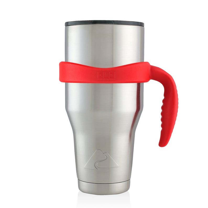 May include: A stainless steel tumbler with a red silicone handle and lid. The tumbler has a mountain range design on the side.