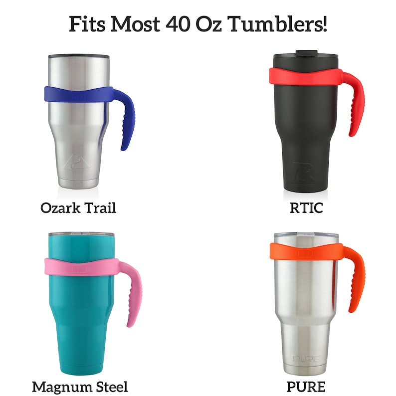 May include: Four different 40 ounce tumblers with various colored silicone handles. The tumblers are labeled "Ozark Trail", "RTIC", "Magnum Steel", and "PURE".