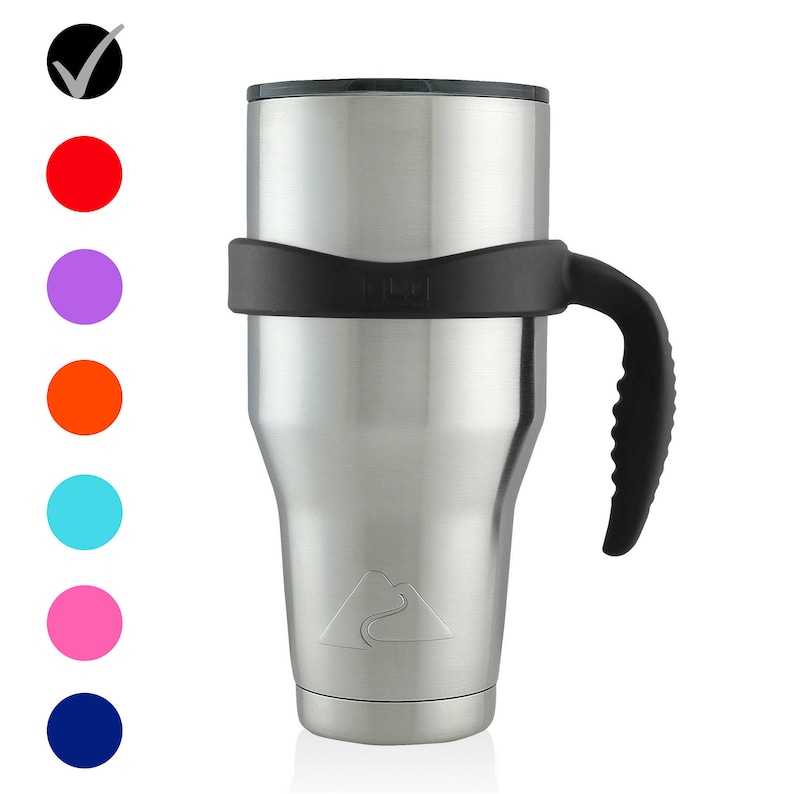 May include: A silver stainless steel travel mug with a black silicone handle and lid. The mug has a mountain range design on the side.
