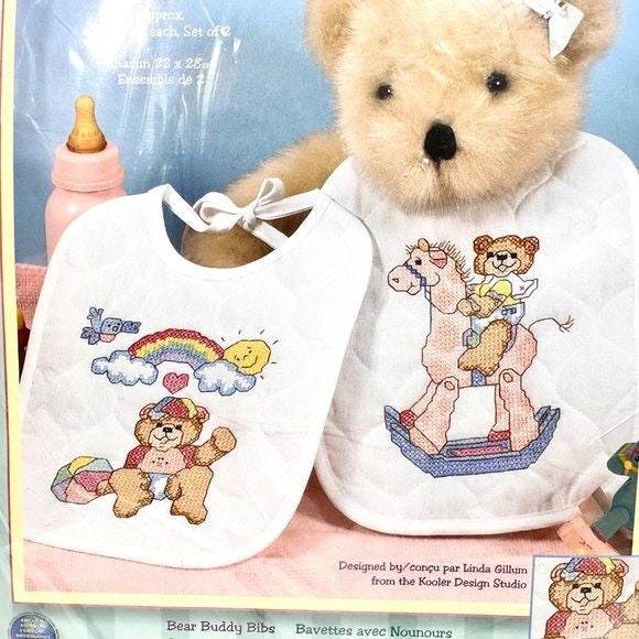 Dimensions Baby Hugs Noah's Ark Bibs Stamped Cross Stitch Kit-9x14 Set of 2