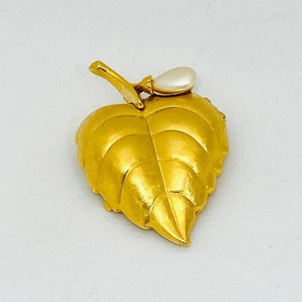 Vintage Avon Leaf & Faux Pearl Locket/Perfume Holder Brooch