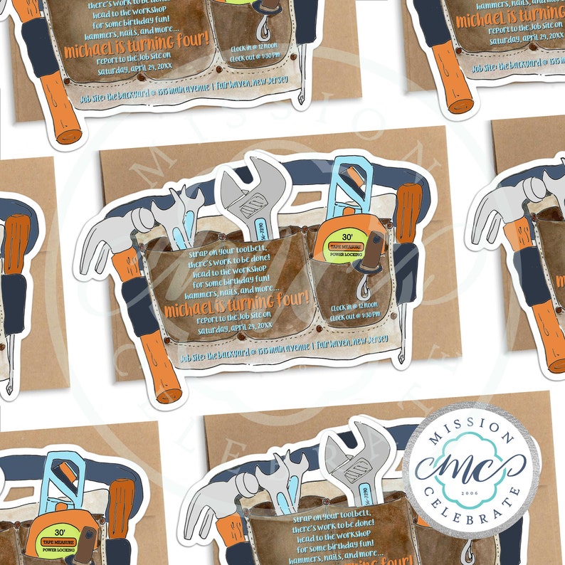 Tool Belt Party Invitation UNIQUE Custom Cut Out Tools and Toolbelt