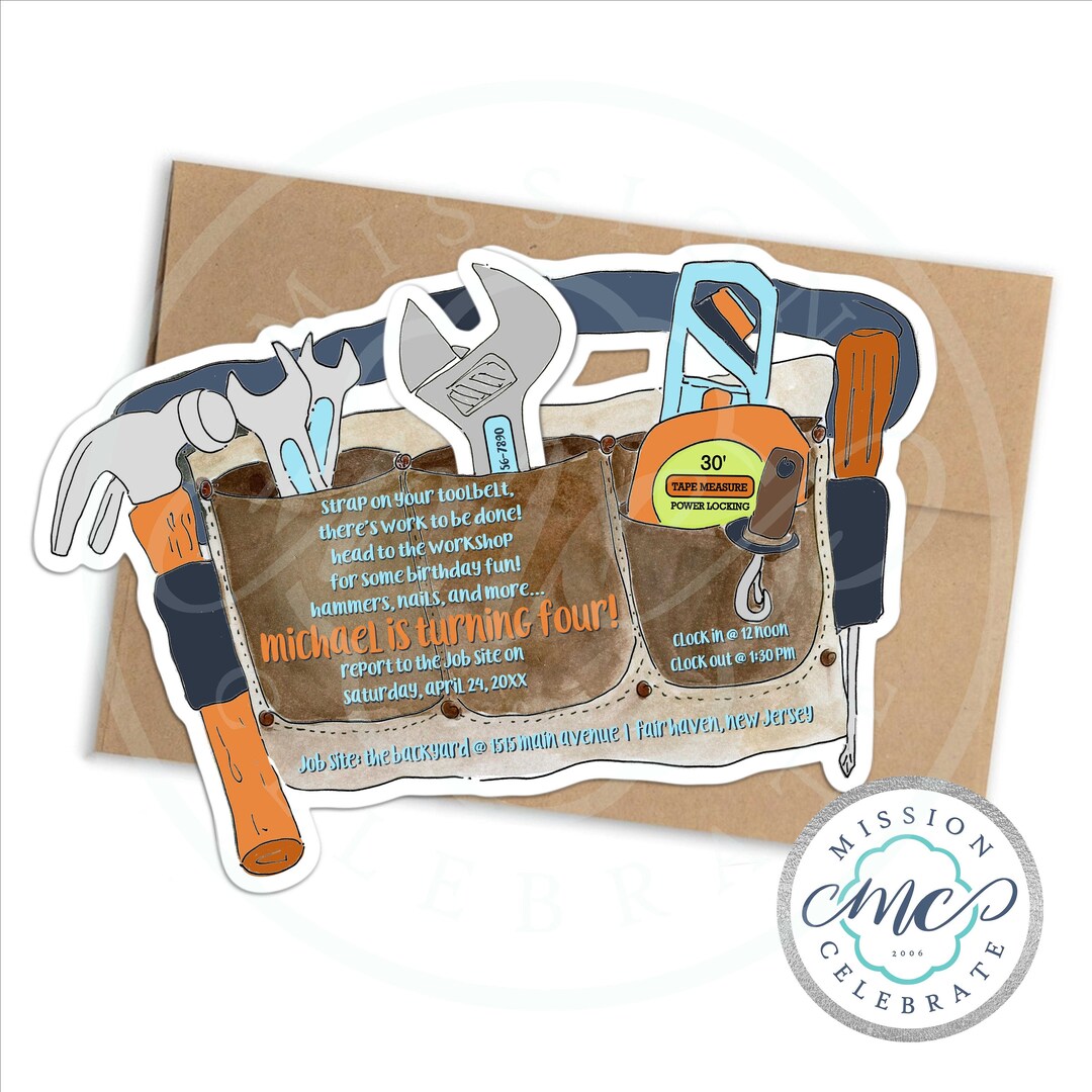 Tool Belt Party Invitation UNIQUE Custom Cut Out Tools and Toolbelt