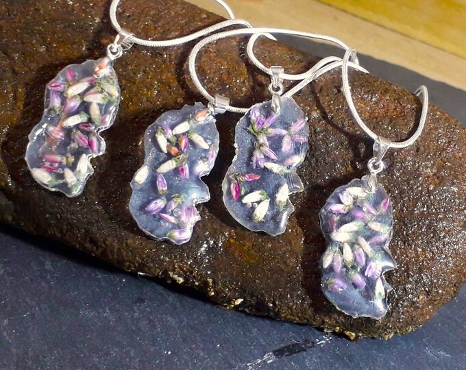 Featured listing image: Arran Heather pink, purple, white and Resin Pendant with Flower Petal