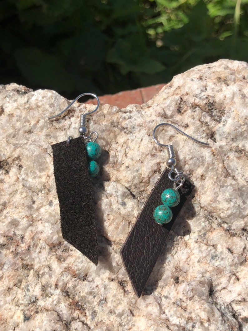 any occasion Genuine leather earrings gift boho jewelry. dark brown leather genuine turquoise stone