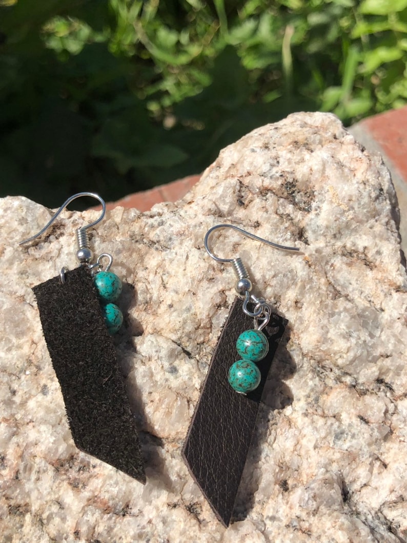 any occasion Genuine leather earrings gift boho jewelry. dark brown leather genuine turquoise stone