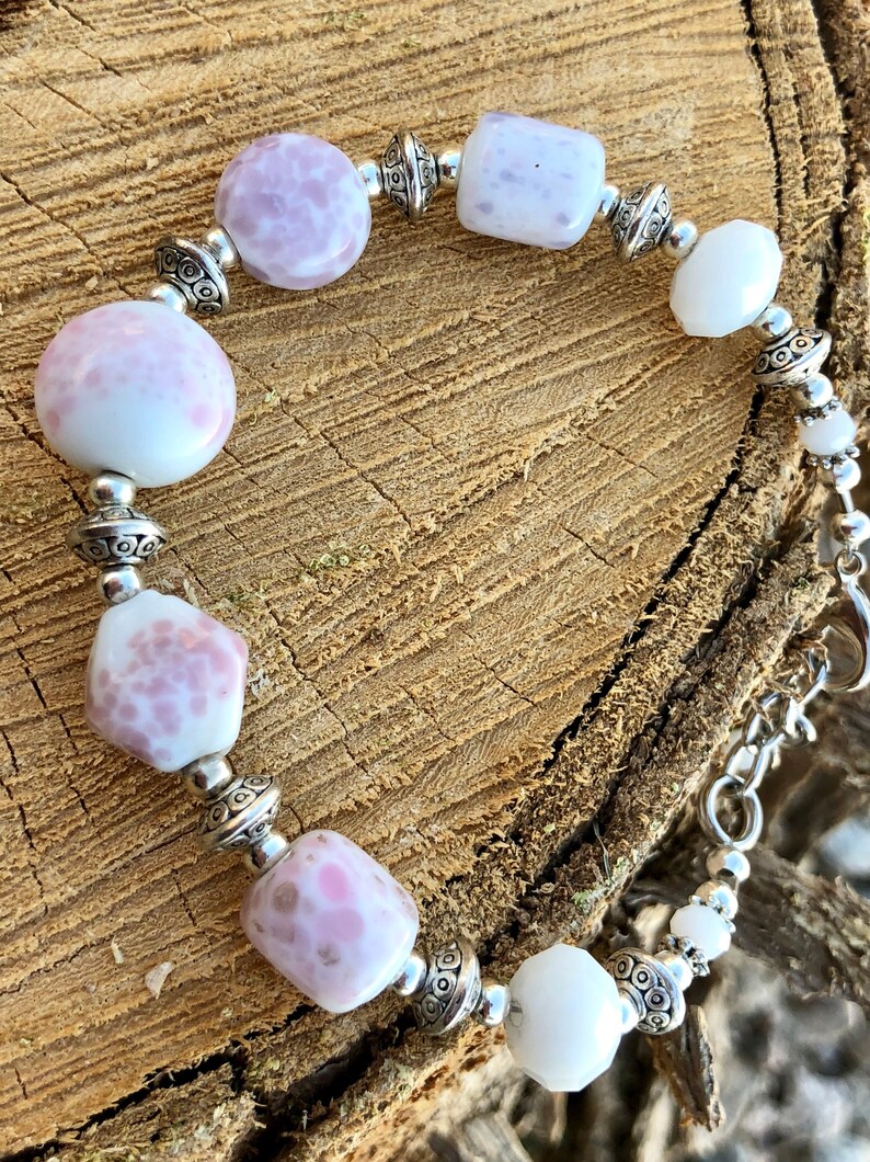 hand painted light purple Silver findings Ceramic Bracelet Lobster clasp.