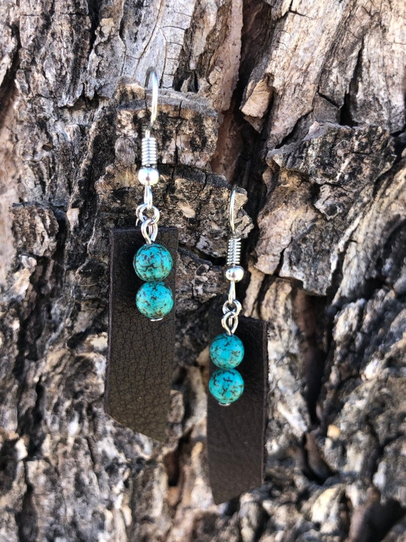 any occasion Genuine leather earrings gift boho jewelry. dark brown leather genuine turquoise stone