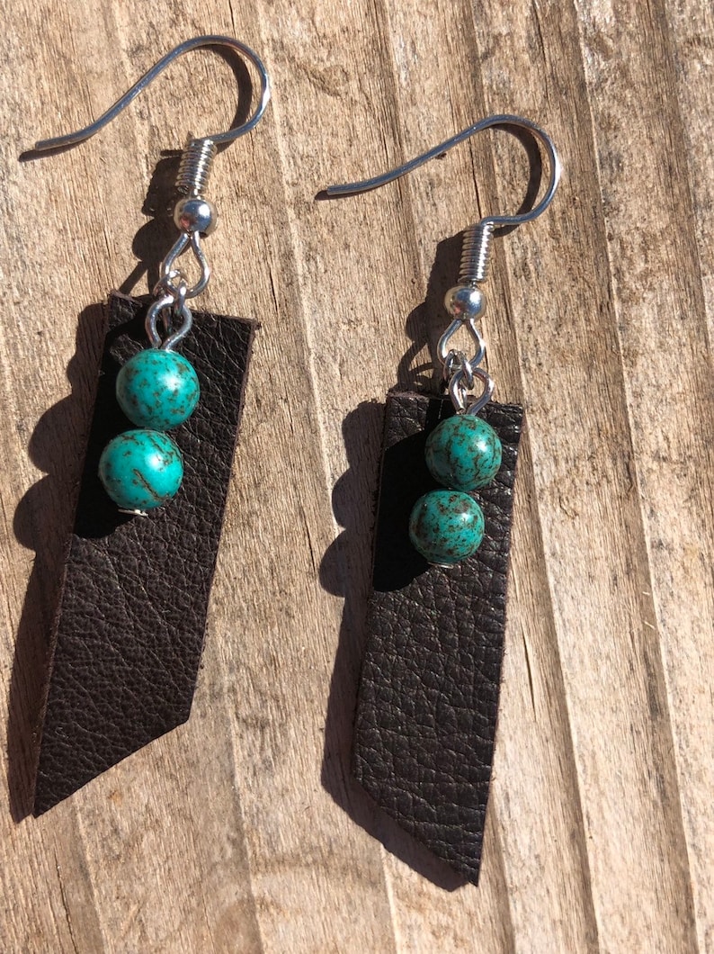 any occasion Genuine leather earrings gift boho jewelry. dark brown leather genuine turquoise stone