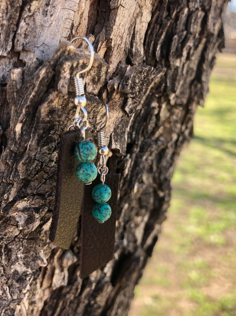 any occasion Genuine leather earrings gift boho jewelry. dark brown leather genuine turquoise stone