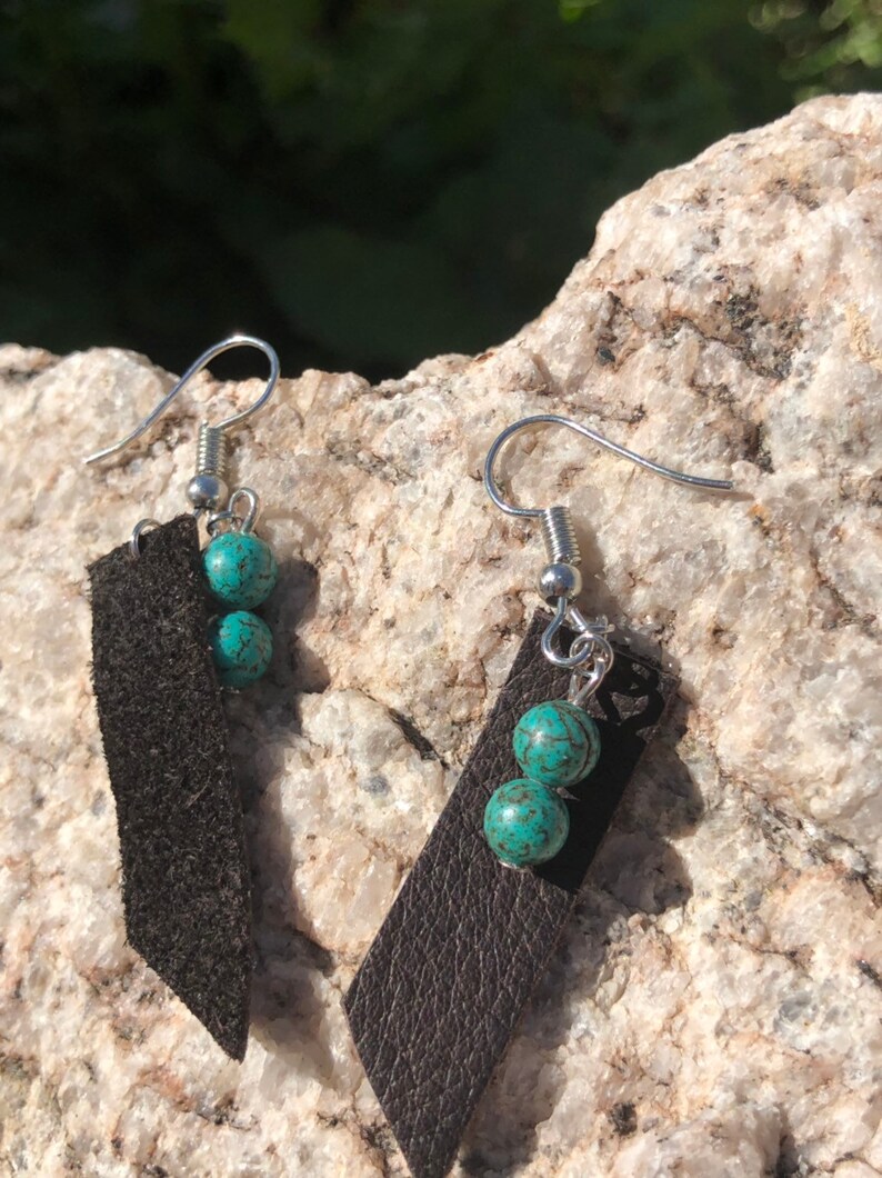 any occasion Genuine leather earrings gift boho jewelry. dark brown leather genuine turquoise stone