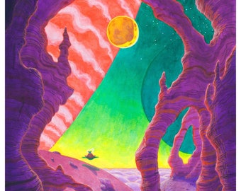 space journey, adventure, sci-fi, giclee print, pilgrimage, art print, acrylic painting, poster, alien planet, kids room, game room, space