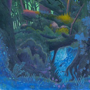 lost woods, kid's adventure, fantasy art, mysterious forest, acrylic painting, giclee print, game room, image 3