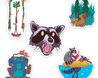 sticker pack, collectible stickers, vinyl stickers, fun stickers, wildlife, waterproof stickers, laptop stickers, fun stickers, raccoon art