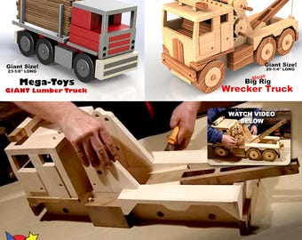 May include: Two wooden toy truck models, a lumber truck and a wrecker truck, with a close-up of a person assembling a wrecker truck. The lumber truck is 23 5/8 inches long and the wrecker truck is 29 1/4 inches long. Both trucks are made by Mega-Toys.