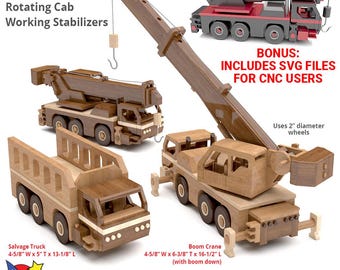 May include: Wooden toy plans and patterns for a boom crane, salvage truck, and a smaller crane. The plans include SVG files for CNC users. The crane has an extending boom, rotating cab, and working stabilizers. The salvage truck has a dump bed. The plans are for a 1/8 scale model. The plans are for a 1/8 scale model. The plans are for a 1/8 scale model.