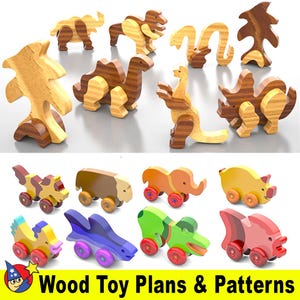 May include: A collection of wooden toy plans and patterns featuring various animal designs, including a dinosaur, elephant, rhino, and more. The plans are printed on paper and include detailed instructions for building each toy.