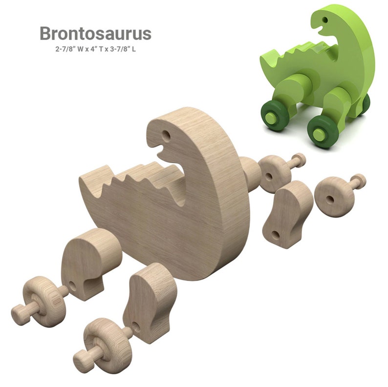 May include: Wooden toy Brontosaurus dinosaur puzzle with 7 pieces. The dinosaur is light brown and has a green painted version in the background. The pieces include the body, head, tail, and four wheels. The toy is 2-7/8 inches wide, 4 inches tall, and 3-7/8 inches long.