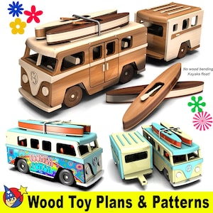 Hippie Microbus and Beach Trailer + Kayaks Wood Toy Plans & Patterns (PDF Download + SVG Files for CNC)