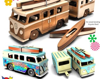 Hippie Microbus and Beach Trailer + Kayaks Wood Toy Plans & Patterns (PDF Download + SVG Files for CNC)