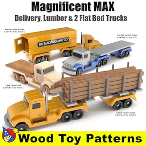 May include: Wooden toy truck patterns for a box van, flatbed truck, and lumber truck. The trucks are painted yellow, blue, and natural wood. The box van has the text "MR MACK MOVING CO." on the side. The flatbed truck is carrying a load of lumber. The patterns are 3-3/8 inches wide, 5 inches tall, and 16-1/2 inches long.
