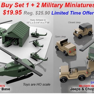 Set 1 + 2 Military Miniatures Vietnam Huey Air Base + Jeep & Chopper Gurney (2 PDF Downloads)